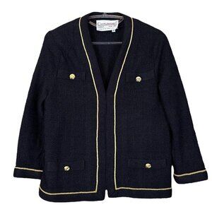 Vtg Castleberry Knit Open Front Cardigan Sweater Jacket Black Gold Trim Size 8